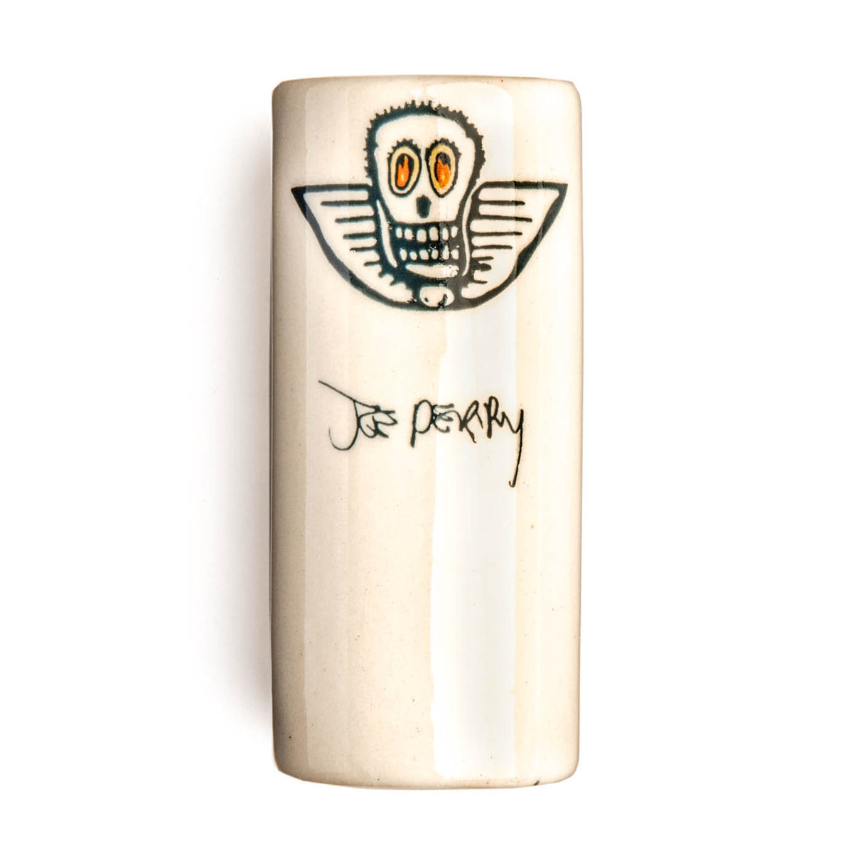 White ceramic guitar slide with a skull design and 'Joe Perry' signature on a white background