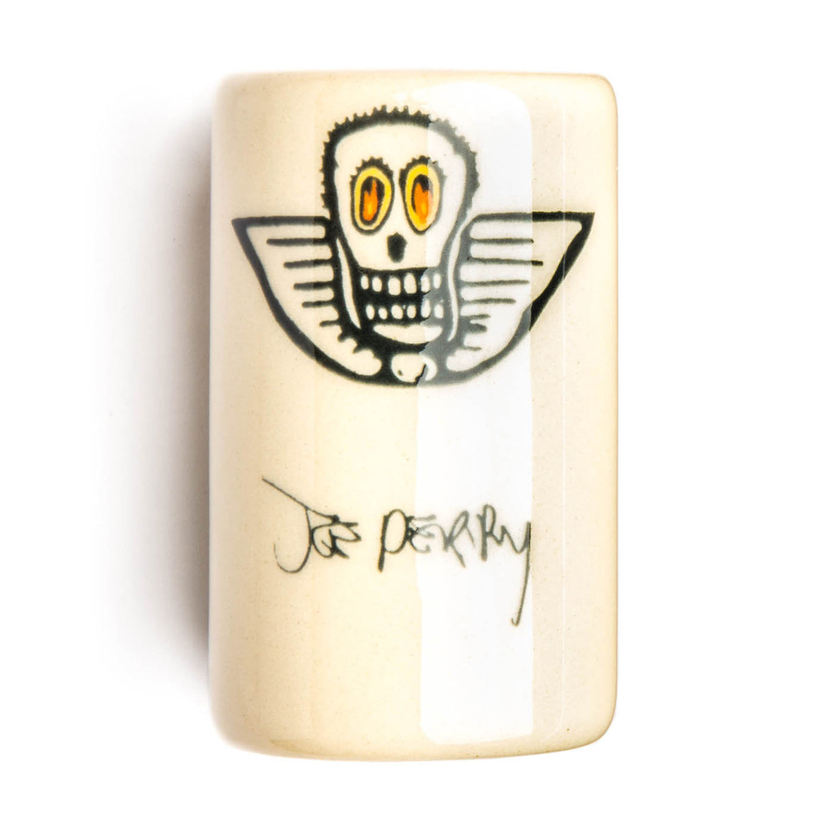 a white ceramic guitar slide with a skull design and 'Joe Perry' branding on a white background