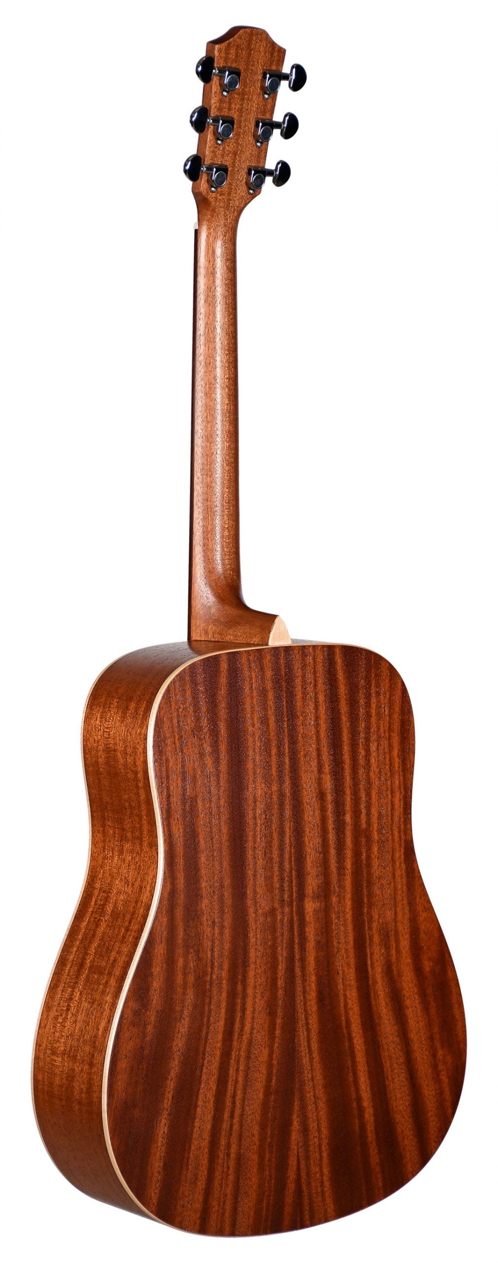 The image shows the back of a dreadnought-style acoustic guitar with rich, warm wood grain, likely mahogany. It features a classic square-shouldered body, cream binding around the edges, six black tuning pegs on a traditional curved headstock, and a smooth polished finish. The quality wood and craftsmanship highlight its durability and strong bass tone, commonly used in folk, country, rock, and singer-songwriter music.