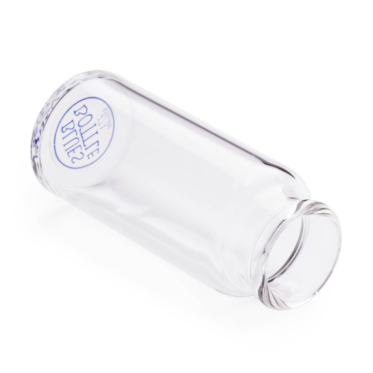 A clear glass bottle guitar slide with 'Blues Bottle' branding on a white background