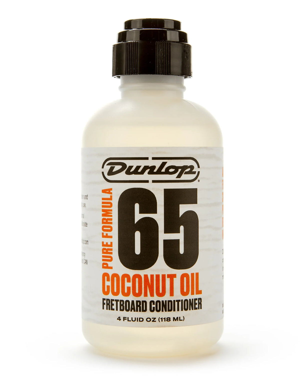 The image shows a 4 oz (118 mL) bottle of Dunlop Formula 65 Coconut Oil Fretboard Conditioner with a black cap and clear bottle. This guitar care product cleans, moisturizes, and protects wooden fretboards like rosewood and ebony, preventing dryness and grime buildup. Dunlop is a trusted brand offering essential maintenance products for guitars and other stringed instruments.