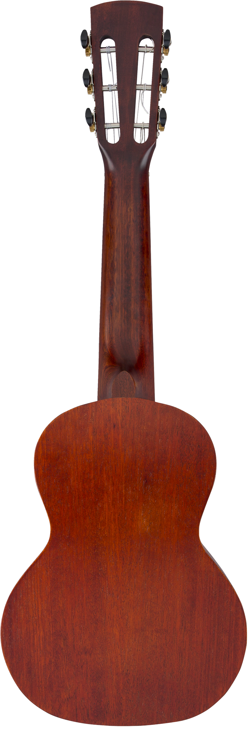 The image shows the back view of a classical guitar with a figure-8 body in reddish-brown wood, likely mahogany. It features a slotted headstock with six tuning pegs in a 3+3 arrangement, and a wooden neck matching the body finish. The flat back and visible wood grain indicate quality craftsmanship, typical of nylon-string classical guitars used for fingerstyle, flamenco, or classical playing.