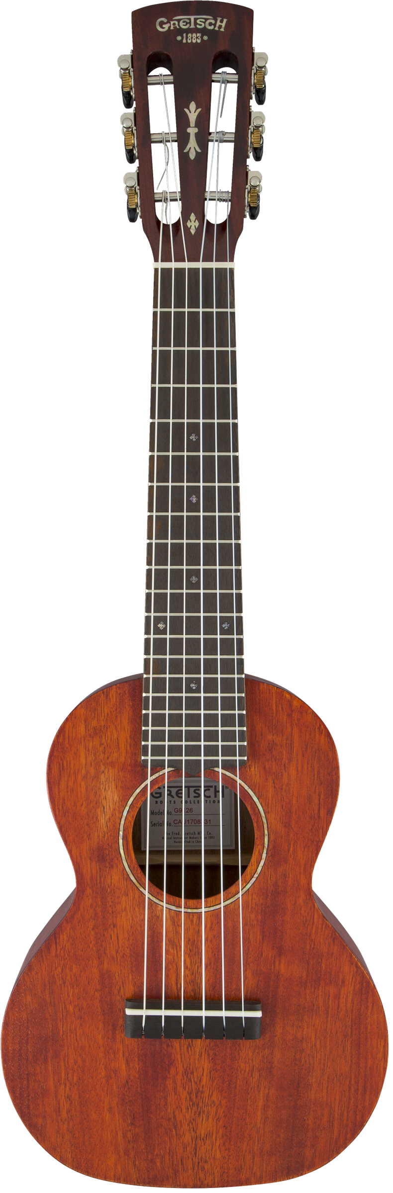The image shows a Gretsch parlor-sized acoustic guitar from their historical collection, marked "1883" on the headstock. It features the Gretsch logo, decorative inlays, gold tuning pegs with white buttons, a warm reddish-brown wood body, a round soundhole with a rosette, a dark wood fretboard with fret markers, six steel strings, and a dark wood bridge with a bone or synthetic saddle.