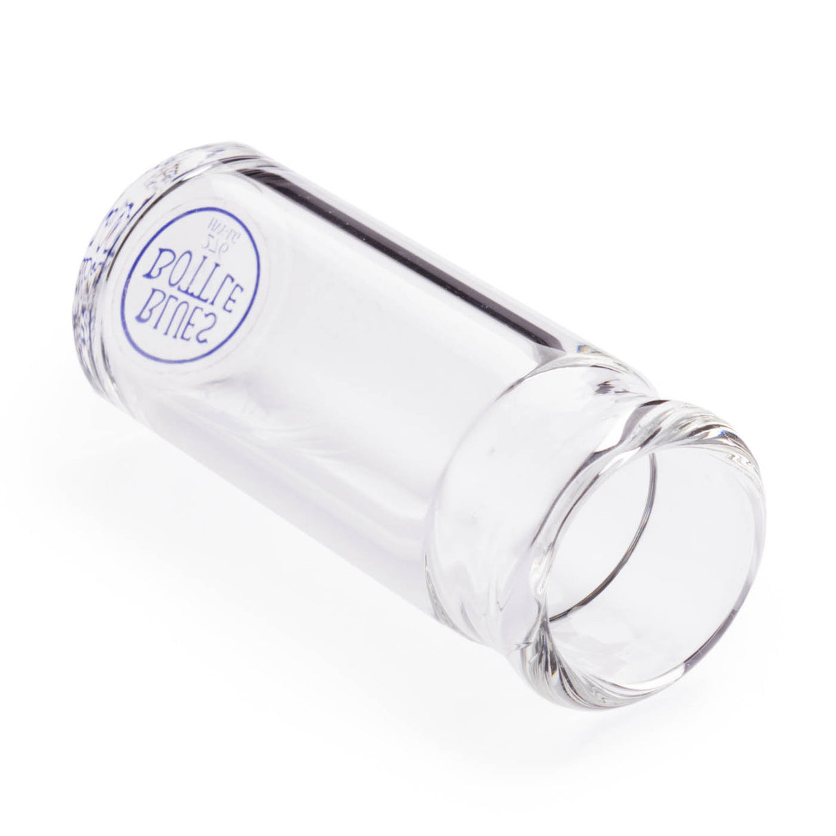 A clear glass bottle guitar slide with 'Blues Bottle' branding on the bottom on a white background