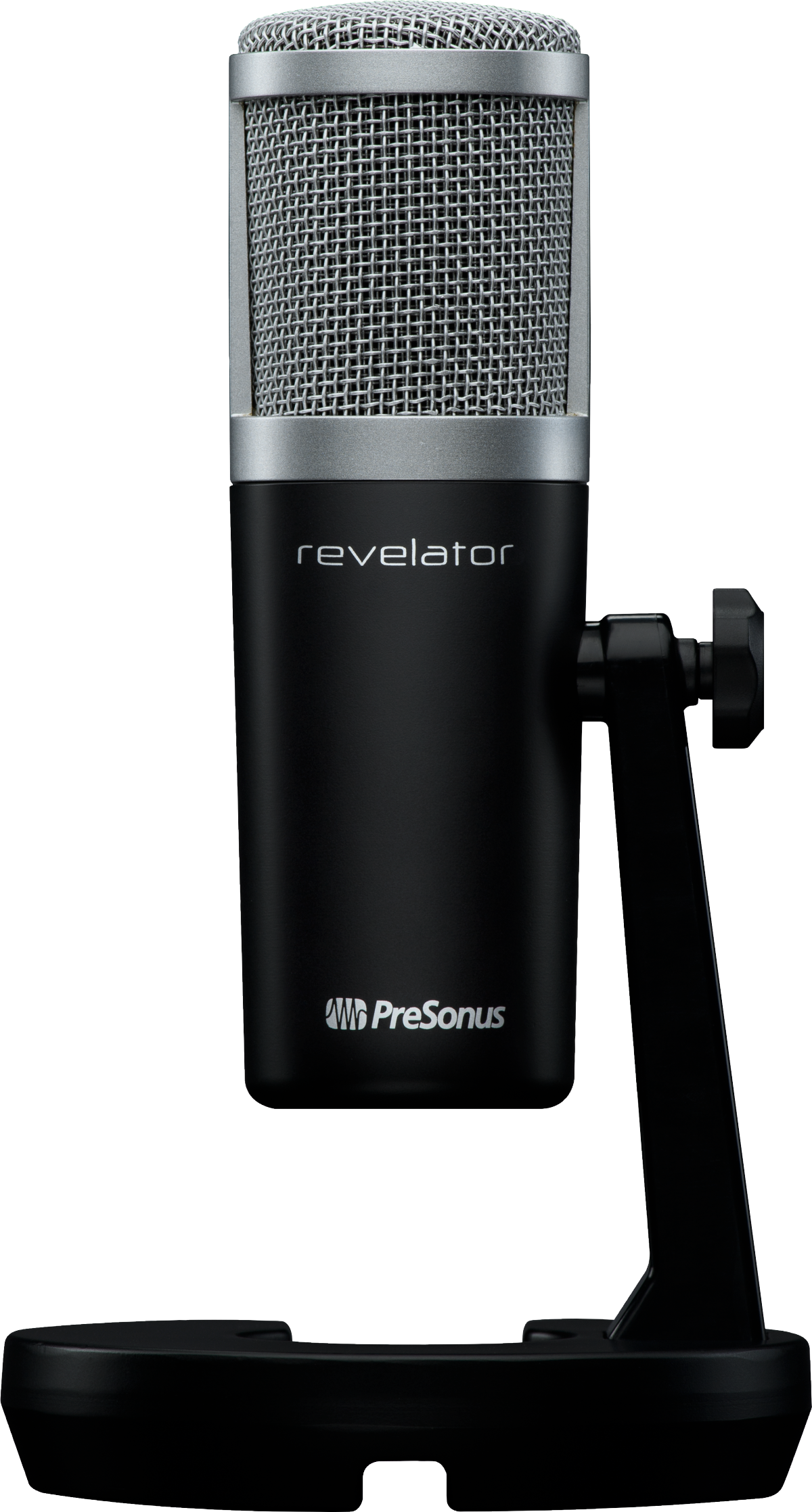 The image shows a PreSonus Revelator USB condenser microphone with a large silver mesh grille and black body featuring the "revelator" branding and PreSonus logo. It has a built-in desktop stand and professional studio-grade design, commonly used for music production, podcasting, streaming, and home studios to capture high-quality audio.