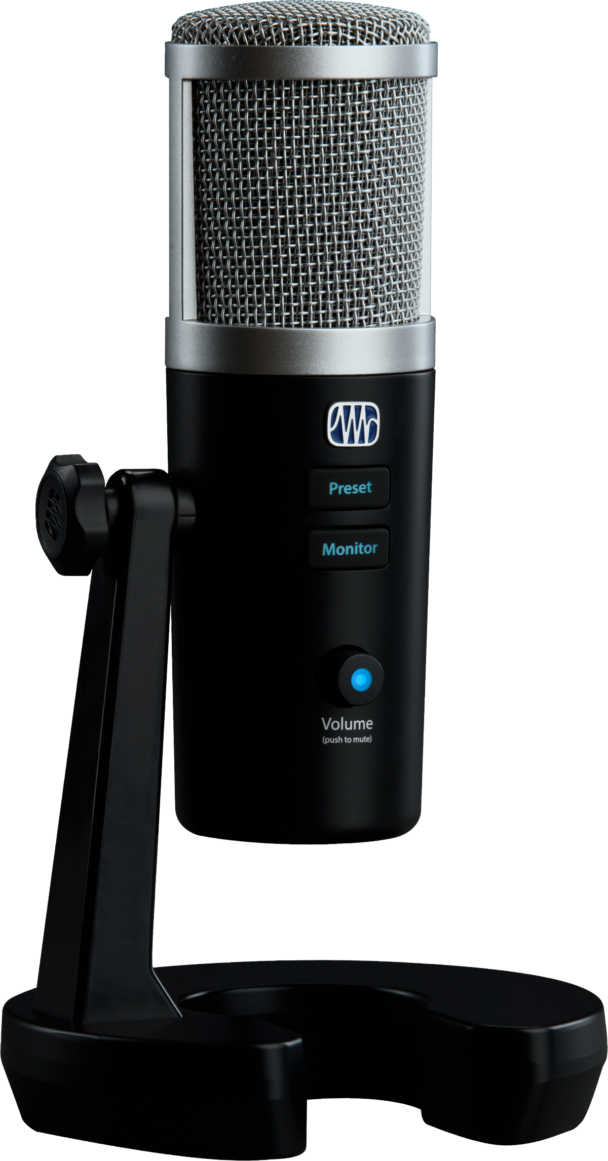 The image shows a professional USB condenser microphone with a large diaphragm and metal mesh grille. It has a black cylindrical body with silver accents, built-in desktop stand, and controls including preset and monitor buttons, a volume knob with blue LED, push-to-mute, and a headphone jack. Ideal for vocals, instruments, podcasting, and streaming, it offers high-quality, plug-and-play recording for musicians and content creators.