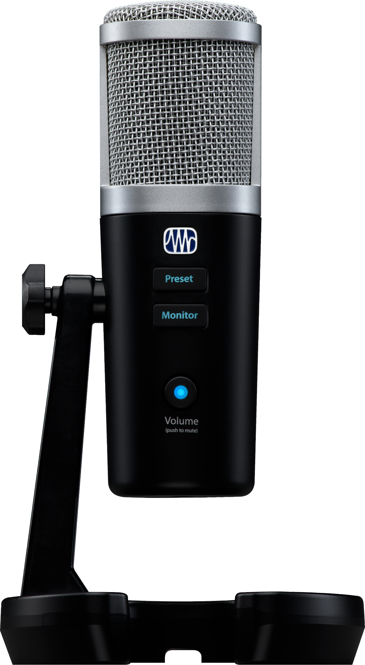 The image shows a professional USB large-diaphragm condenser microphone with a silver mesh grille and black body on a desktop stand. It features preset and monitor buttons, a volume knob with blue LED and push-to-mute function. Branded with a logo resembling "PreSonus," it’s ideal for home studio recording, podcasting, voice-over, and instrument capture, favored for its studio quality and easy plug-and-play USB connectivity.