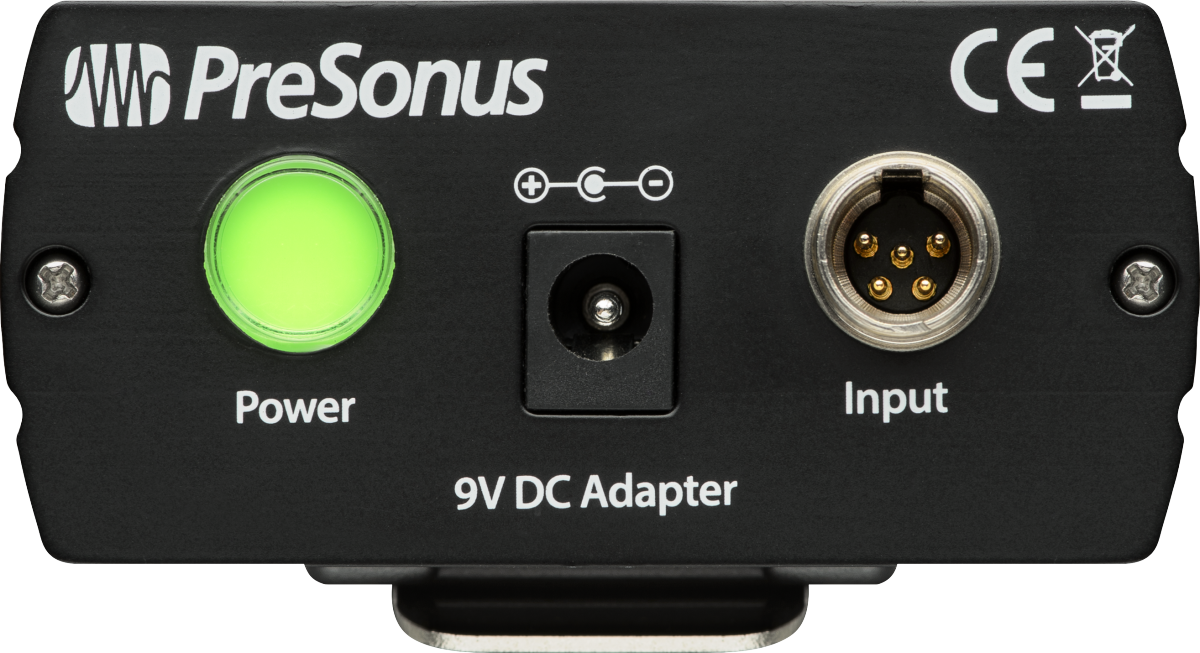 The image shows a compact PreSonus audio interface featuring a green power LED, 9V DC power input, and a 5-pin XLR audio input with phantom power capability. Designed for professional audio use, it connects microphones and equipment to computers or recording systems. This device is ideal for musicians, audio engineers, and content creators working in studios, podcasting, and live sound.