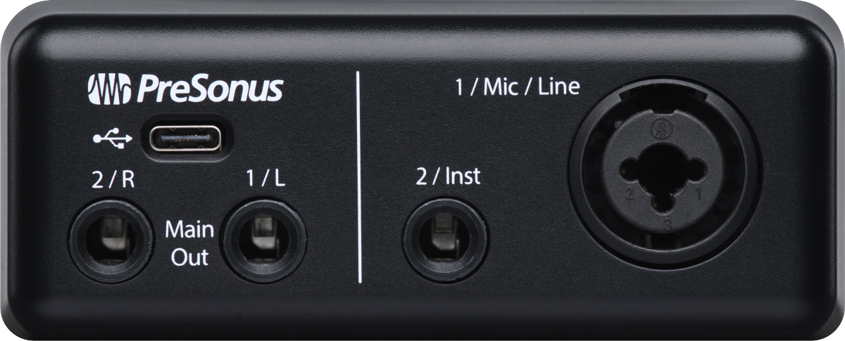 The image shows a PreSonus audio interface with USB-C connectivity, featuring multiple inputs and outputs: XLR for microphones, a combo input for instruments, and TRS main outputs. It serves as a key tool for musicians and producers to record, convert analog signals to digital, and monitor audio, making it ideal for professional and home studio use.