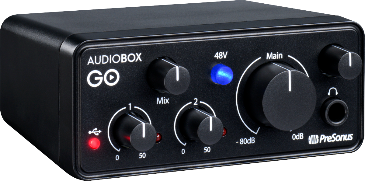 The image shows a PreSonus AudioBox GO, a compact 2-channel USB audio interface for recording and music production. It features input gain controls, 48V phantom power (blue LED), mix control, main output volume knob, headphone jack (3.5mm), and USB connectivity (red LED). Markings indicate gain and output levels. Popular for its portability, bus-powered design, and suitability for musicians, podcasters, and home studios.