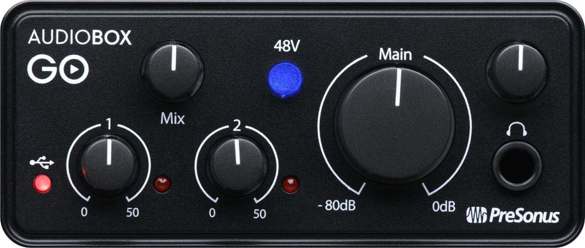The image shows a PreSonus AudioBox GO, a compact USB audio interface with two input channels for microphones or instruments, 48V phantom power, main output level control, headphone jack, USB connectivity, and direct monitoring. It’s popular among musicians and podcasters for connecting analog gear to computers, offering portable professional audio quality for recording and content creation.