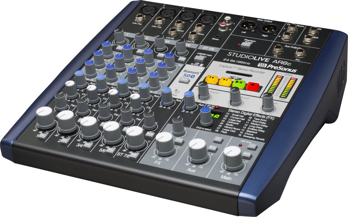 The image shows a PreSonus StudioLive AR8c digital audio mixer with 8 input channels featuring volume faders, gain, and EQ controls. It includes XLR/TRS combo inputs, multiple output jacks, USB connectivity, and colorful transport buttons. The mixer offers built-in digital effects, 24-bit/96kHz recording, real-time metering, and "Capture" recording, ideal for musicians, podcasters, and small studios.