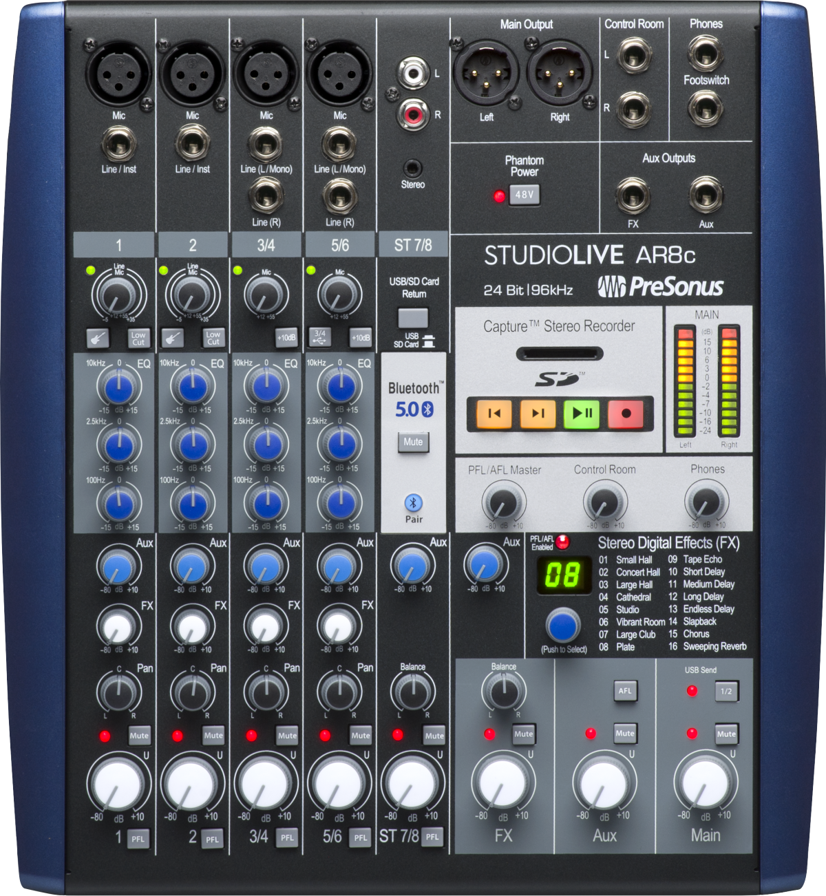 The image shows a PreSonus StudioLive AR8c, a compact 8-channel audio mixer and digital recorder. It features 4 XLR inputs with phantom power, line/instrument inputs, 3-band EQ, individual faders, built-in SD card recorder, USB and Bluetooth connectivity, digital effects, multiple outputs including main, control room, and headphones, plus main level metering and transport controls, ideal for live sound, recording, and streaming.