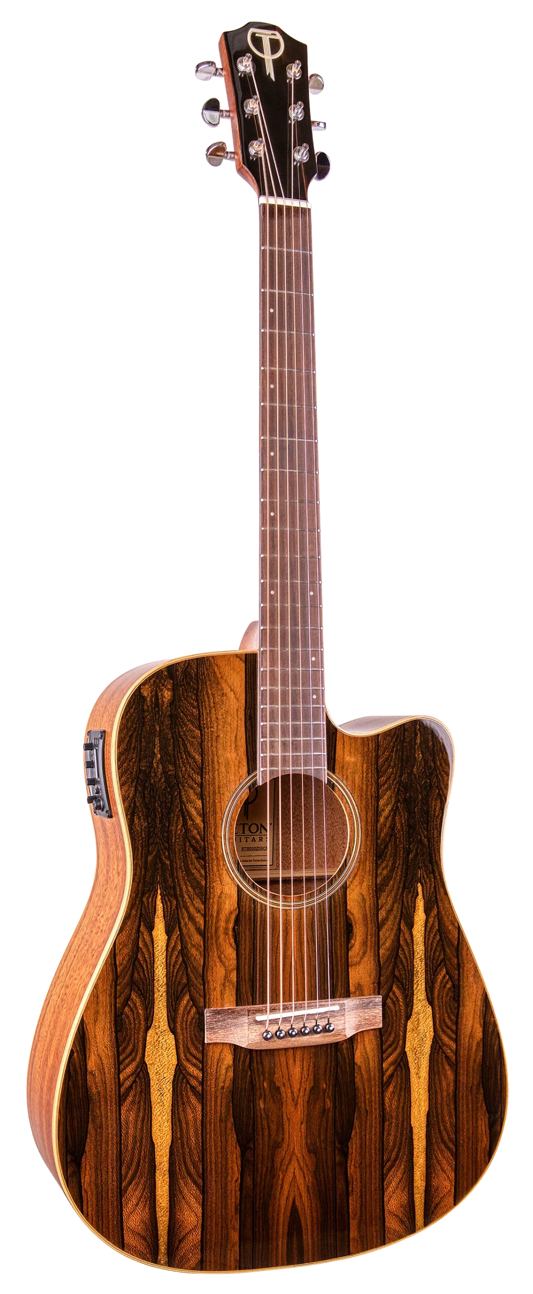 The image shows a beautiful acoustic-electric guitar with a cutaway design for easy upper fret access. It features rich, dark exotic wood with striped grain patterns and lighter accent strips. The guitar has chrome tuning pegs, electronic controls on the side, and decorative inlays around the sound hole. Marked by a "T" logo on the headstock, it reflects premium craftsmanship and high-quality materials.