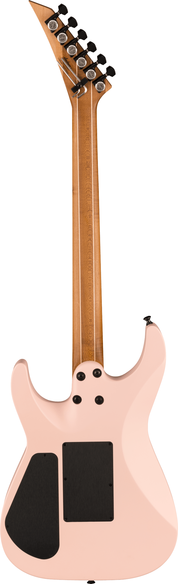 The image shows a modern solid-body electric guitar with a pale pink finish. It has a 6-in-line headstock with black tuning pegs, a natural wood neck, and black pickup covers. The guitar features a bolt-on neck, a strap button on the upper bout, and professional-grade hardware, designed for rock or metal styles.