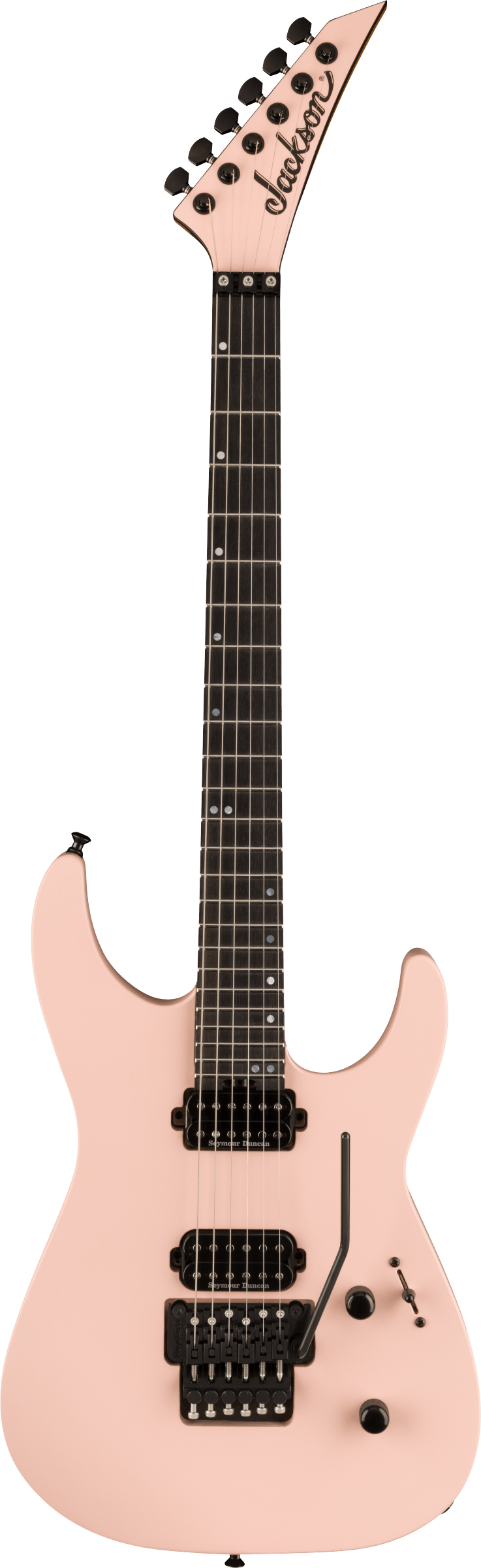 The image shows a Jackson electric guitar with a modern, angular body and pointed headstock in light pink/salmon. It features black tuning pegs, two black humbucker pickups, a black tremolo bridge, and a dark wood fretboard with white dot markers. The body has at least two control knobs, and the guitar has six strings. This distinctive design is popular among rock and metal players.