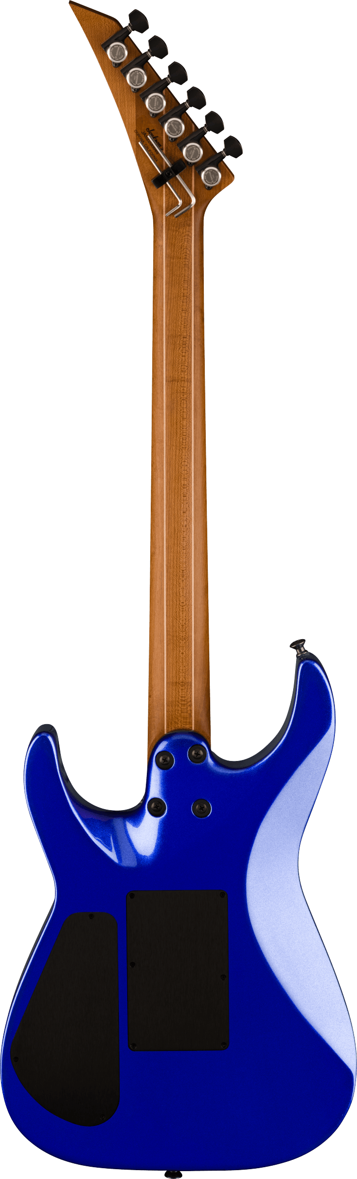 The image shows a modern solid-body electric guitar with a bright blue contoured body, natural maple neck, and an angular, pointed headstock. It features two black humbucker pickups, black hardware, and six black tuning pegs in a 3+3 layout. Designed for rock or metal genres, the guitar has a bolt-on neck and a sleek, aggressive style, photographed against a white background.