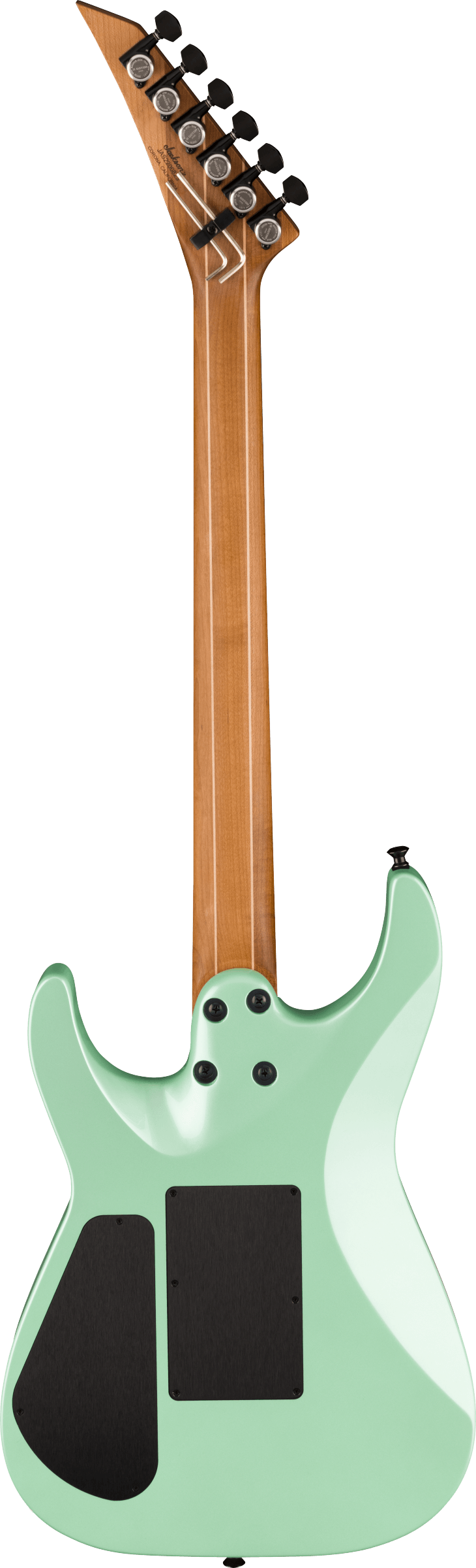 The image shows the back view of a solidbody electric guitar with a glossy mint green finish. It features a natural wood neck with a pointed headstock, six black tuning pegs in a 6-in-line arrangement, and a likely brand logo on the headstock. The body has black pickup cavities and a contoured shape typical of a superstrat-style guitar, suggesting a modern design for amplified play in various music genres.