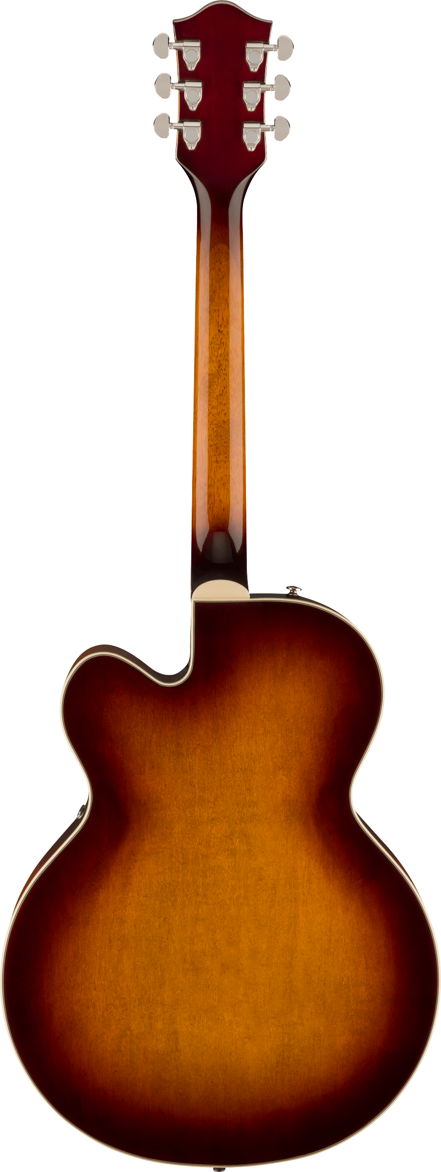 The image shows the back of an acoustic guitar with a curved figure-8 body, a wooden neck, and a headstock featuring 6 tuning pegs (3 per side). It has a sunburst finish, transitioning from dark reddish-brown edges to a lighter amber center, light-colored binding, and visible wood grain on the back panel. The guitar appears to be made from quality woods like spruce and mahogany, highlighting its classic design and natural wood texture.