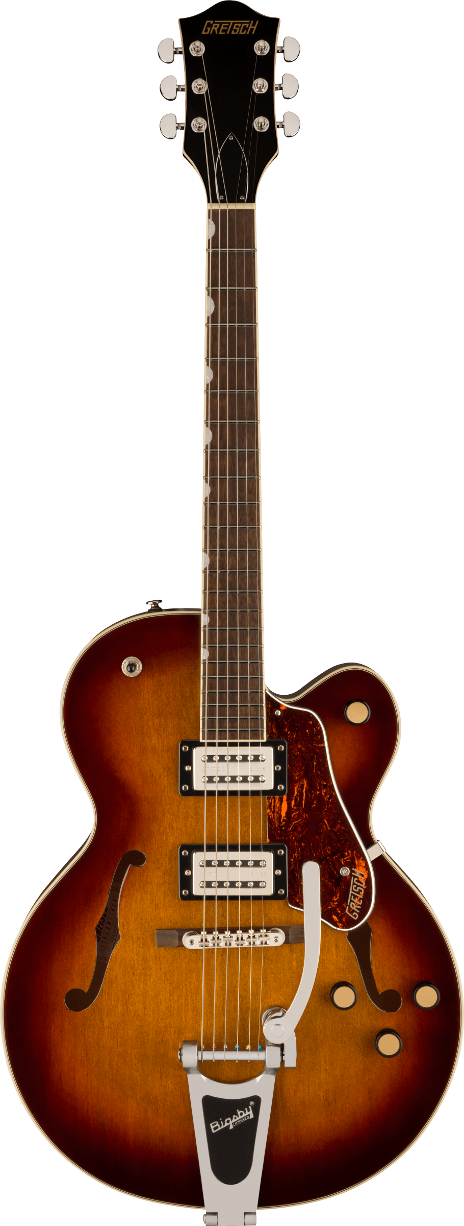 The image shows a Gretsch hollow body electric guitar with a sunburst finish and f-holes. It features two Filter'Tron style humbucking pickups, a Bigsby vibrato tailpiece, chrome hardware, and multiple control knobs. The dark headstock displays a gold "GRETSCH" logo with six chrome tuners. Additional details include a bound rosewood fretboard, tortoiseshell pickguard, and white body binding, showcasing Gretsch’s classic vintage design.