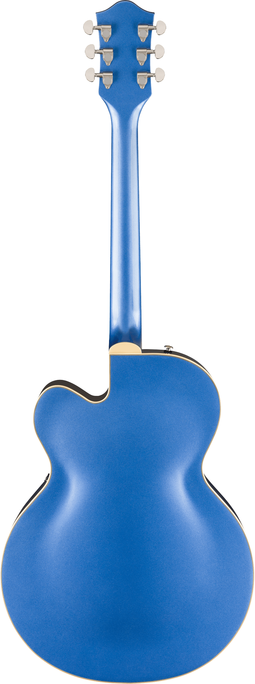 The image shows the back of an acoustic guitar with a glossy metallic blue finish. It has a classic curved body, six chrome tuning pegs in a 3+3 layout with cream-colored buttons, and cream binding along the edges. The headstock has a traditional shape, and the neck matches the body color. A small electronic input jack on the lower bout indicates it’s likely an acoustic-electric model.