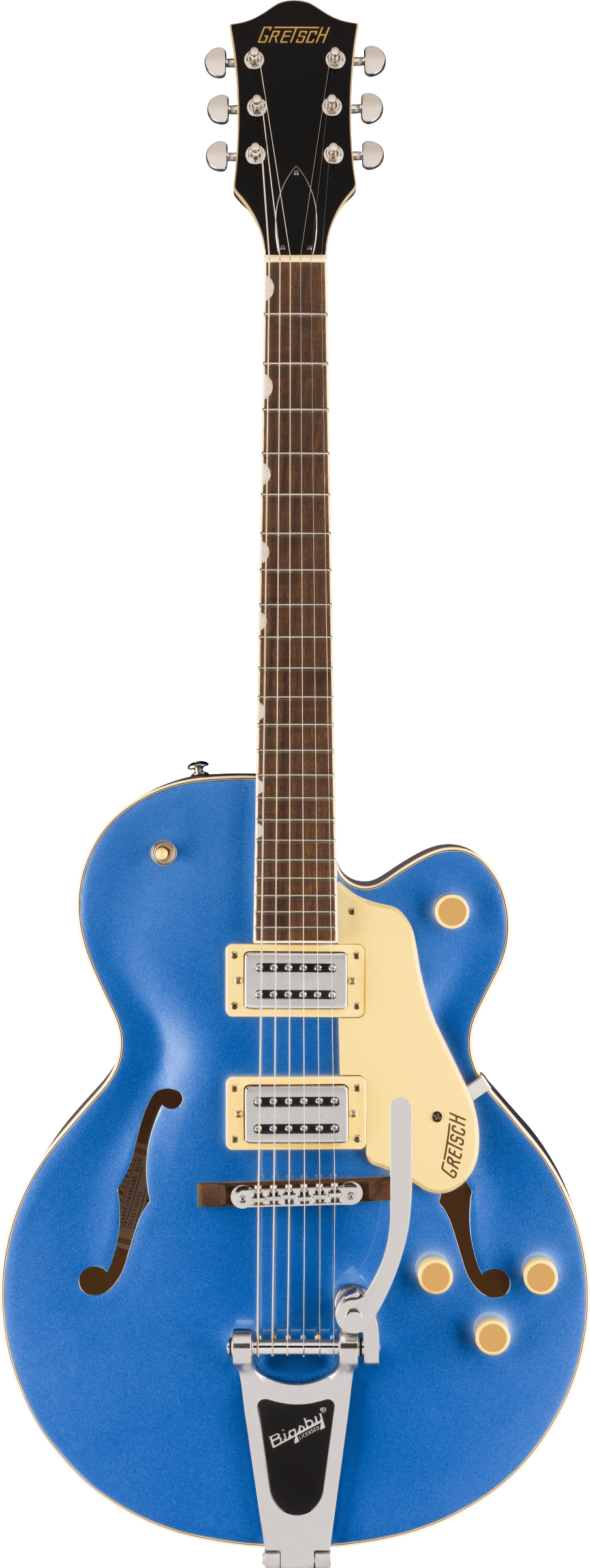 The image shows a Gretsch hollow-body electric guitar with a vibrant blue finish and cream pickguard. It features visible f-holes, dual humbucker pickups with cream rings, a Bigsby vibrato tailpiece, a bound neck with a dark wood fretboard, chrome tuning machines, and the classic Gretsch headstock and branding. This model is likely from Gretsch’s professional Electromatic or Pro line, known for rockabilly, jazz, and country music.