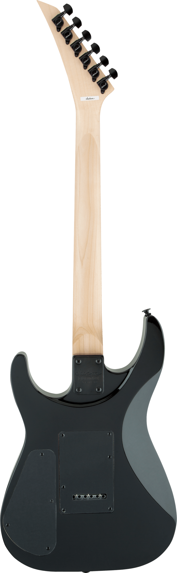 The image shows the back of a solid-body electric guitar with a light-colored wooden neck and six black tuning pegs. It has a dark, double-cutaway body, a neck plate, and a tremolo bridge system. Multiple screws on the back plate suggest electronics access. The design resembles contemporary models like a Stratocaster, combining a light wood neck with a dark body for a classic look.