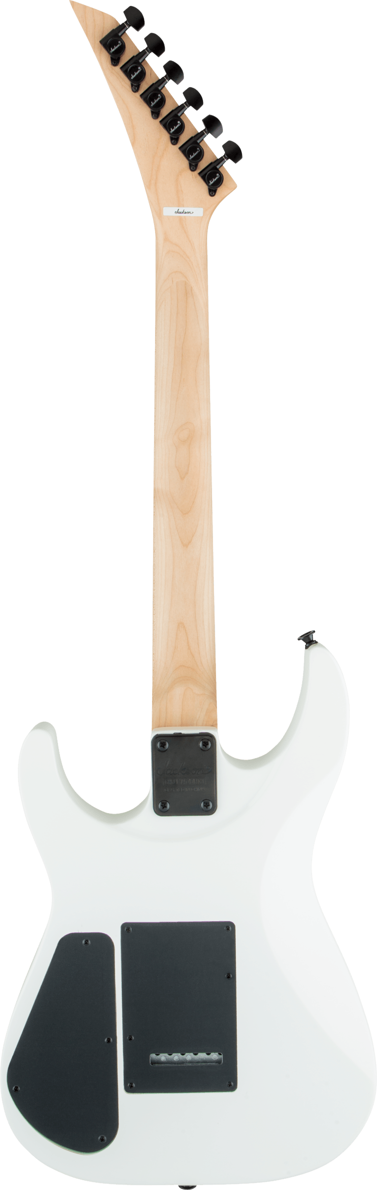 The image shows a solid-body electric guitar with a white/cream finish and a natural maple neck. It features a bolt-on neck with a black neck plate, black tuning pegs on an angled headstock, and black control cavity covers on the back. The body has a sleek, modern shape with curved cutaways. The guitar is photographed against a white background, showcasing a clean, minimalist design typical of affordable to mid-range models.