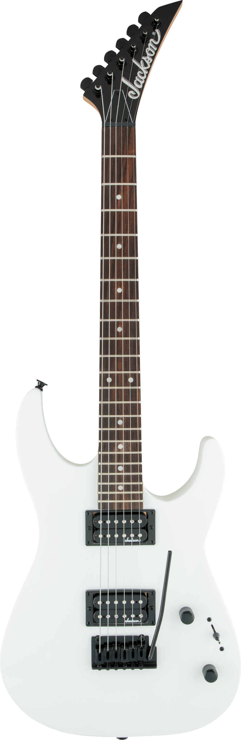 The image shows a white/cream Jackson electric guitar with a black pointed headstock featuring the Jackson logo. It has a dark wood fretboard with dot inlays, six black tuning pegs in a row, two black humbucker pickups, and a black Floyd Rose-style locking tremolo bridge. The solid-body is a superstrat shape, likely a Soloist model, designed for rock and metal with all-black hardware and an aggressive style.