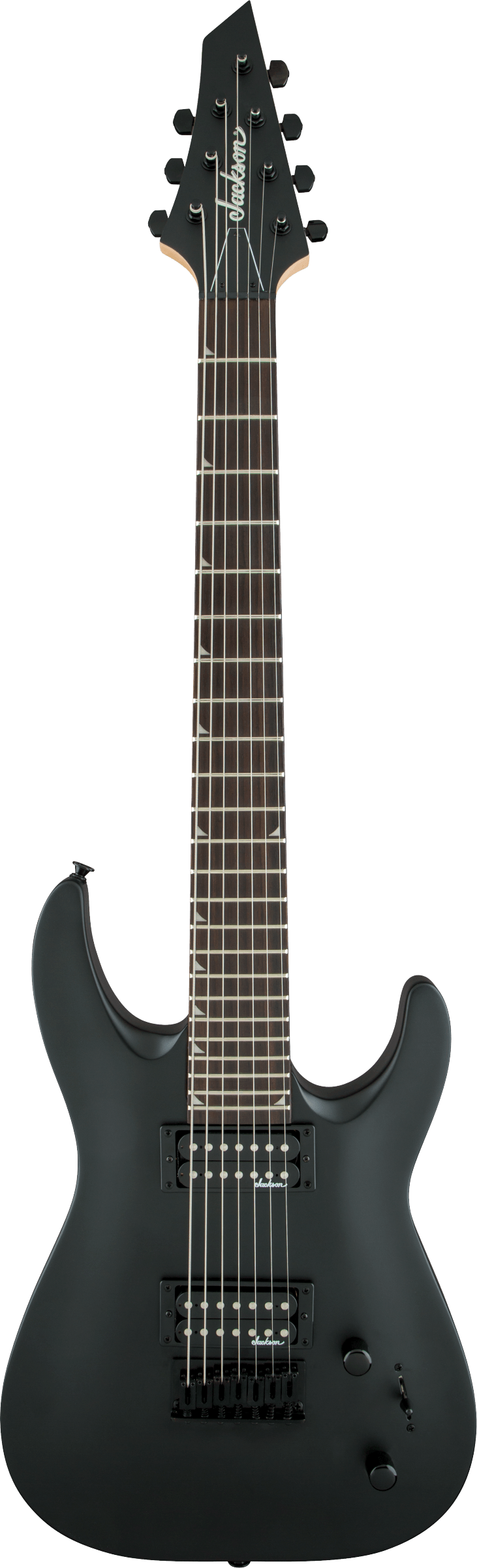 The image shows a matte black Jackson 7-string electric guitar with a superstrat body style. It features dual humbucker pickups, a fixed bridge, and black hardware. The angular Jackson headstock, dark fretboard with white markers, and simple controls highlight its minimalist design. Built for metal and rock, it offers extended range and aggressive tone typical of Jackson guitars.