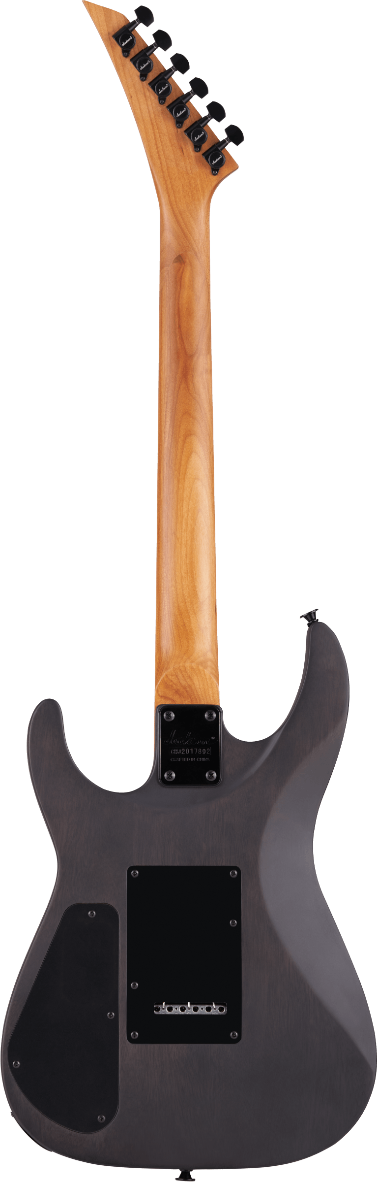 The image shows the back of a modern electric guitar with a dark-colored body and a natural wood neck featuring visible grain. The angular headstock has six black tuning pegs. Visible hardware includes a neck plate and electronic cavity covers, all in black. The sleek superstrat-style design combines contrast and sharp lines, suggesting a mid-to-high-end guitar suited for rock or metal genres.