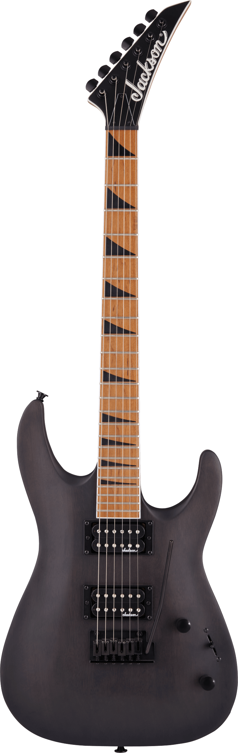 The image shows a Jackson solid-body electric guitar with a black pointed headstock featuring the Jackson logo. It has six black tuners in a row, a bolt-on maple neck with a dark fretboard and block inlays, and a matte black double-cutaway body. Equipped with two black humbucker pickups, black hardware, and standard volume/tone controls, it resembles a Jackson Dinky, known for its sleek, modern look and suitability for rock and metal genres.
