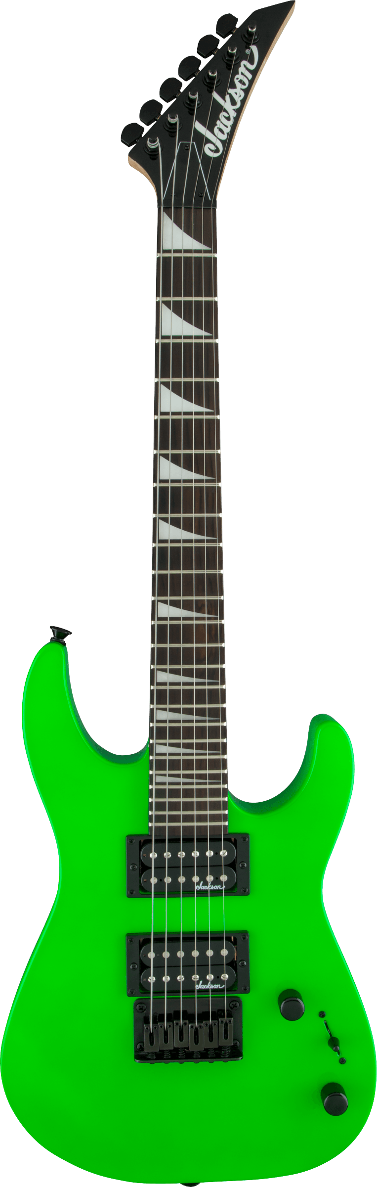 The image shows a Jackson electric guitar with a vibrant neon green superstrat body and a pointed headstock featuring the Jackson logo. It has dual humbucker pickups, a Floyd Rose-style tremolo, black hardware, two control knobs, and six black tuning pegs. The neck is bolt-on with a dark fretboard and white block inlays. The high-gloss finish and design suit rock and metal players seeking classic Jackson style and performance.