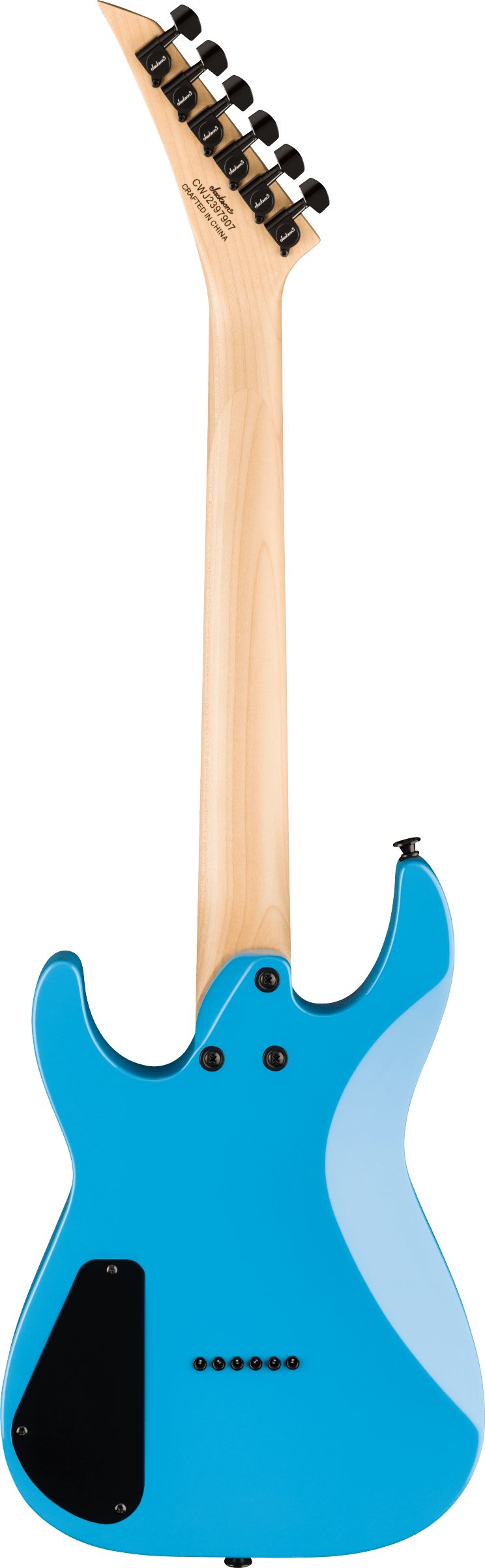 The image shows the back of a modern electric guitar with a bright blue solid body and a natural maple neck. It features a 6-inline natural wood headstock with black tuning pegs, a black pickup cavity cover, and a tremolo spring cavity. The guitar has a classic double-cutaway shape, similar to a Stratocaster, with subtle branding on the headstock. The clean, professional photo suggests a retail or promotional product image.