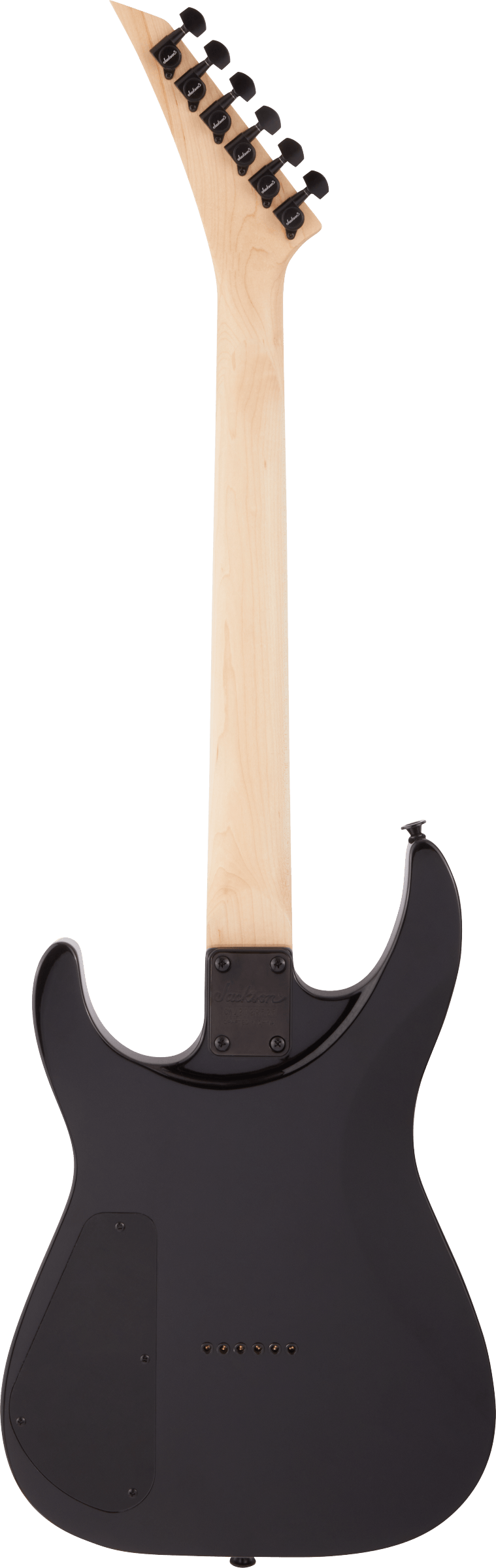 The image shows the back of a modern electric guitar with a sleek black body and a natural wood-colored maple neck. It features six black tuning pegs, a bolt-on neck with a visible neck plate, and a solid, stratocaster-style body with curved cutaways. The guitar’s classic design and contrasting colors highlight its professional look, commonly used in rock, blues, and pop music.