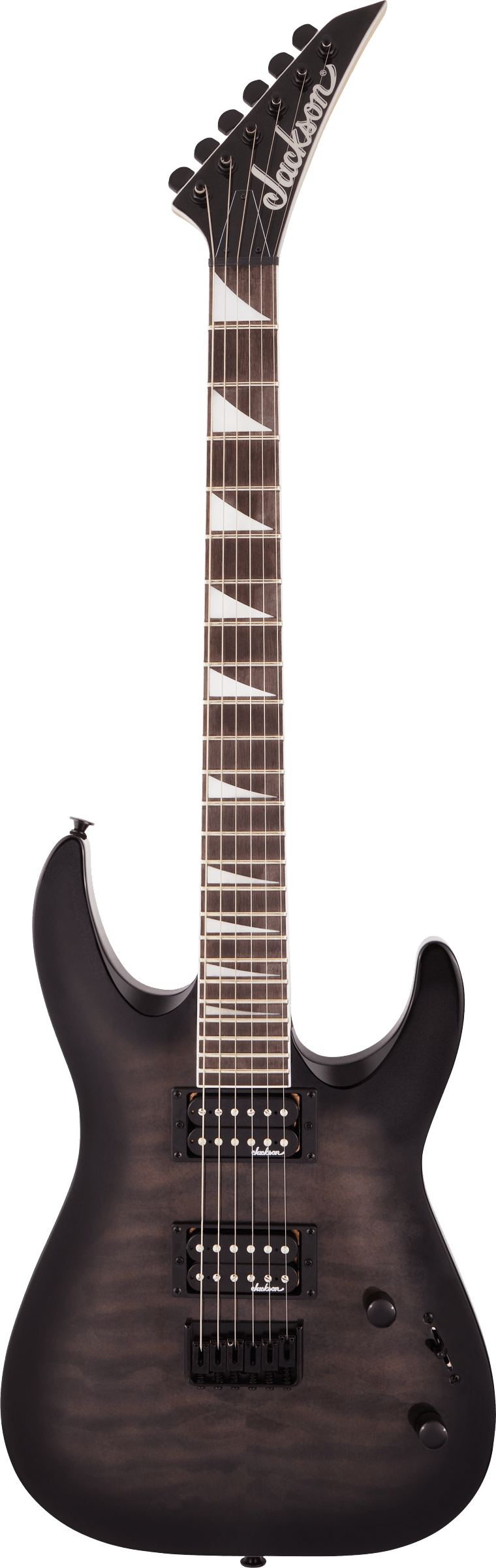 The image shows a Jackson electric guitar with a dark finish and classic double-cutaway body. It features two humbucker pickups, a dark rosewood or ebony fretboard with triangular inlays, six tuning pegs on an angled headstock, a Floyd Rose-style tremolo bridge, and volume and tone knobs. This model resembles Jackson's Soloist or Dinky series, popular for rock and metal styles, photographed against a white background.