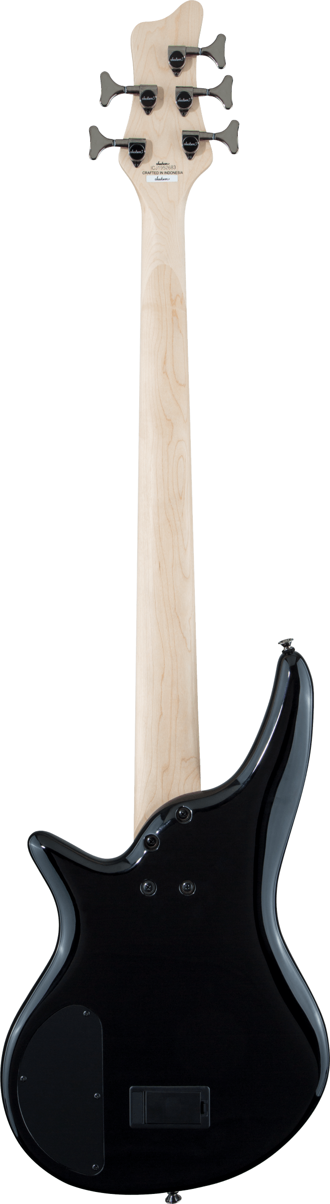 The image shows the back of a five-string electric bass guitar with a long neck and natural wood finish on the neck and headstock. It has a glossy black body with dark tuning machines and five tuning pegs. The curved body shape is typical of modern bass guitars, and the instrument appears high-quality, suitable for various music styles like rock, jazz, funk, and contemporary genres.