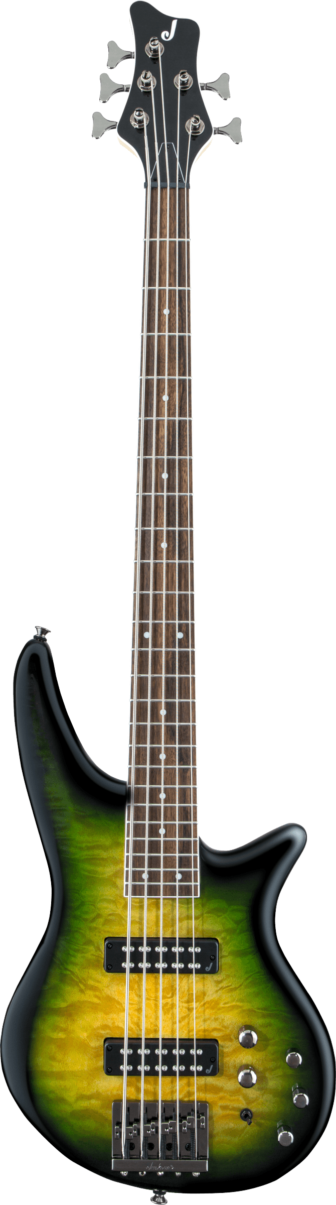 The image shows a 5-string electric bass guitar with a sunburst finish fading from black to green to golden yellow. It features a contoured modern body, two pickups, 4-5 control knobs, and chrome hardware. The dark wooden neck has traditional fret markers, and the headstock holds 5 tuning pegs and a brand logo. This professional-quality bass offers extended range and versatility for multiple music styles.
