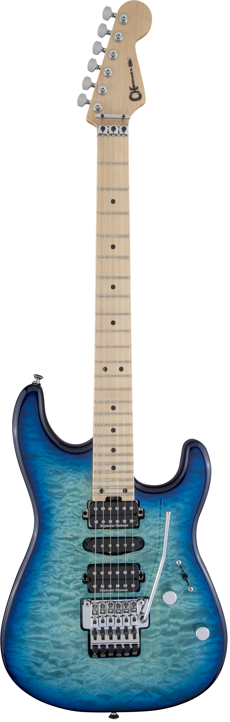 The image shows an electric guitar with a blue burst finish transitioning from deep blue edges to a lighter blue-green center, revealing a quilted maple top. It has a double-cutaway body, maple neck with dot inlays, and chrome hardware. Features include two humbucker pickups with white rings, a Floyd Rose-style locking tremolo bridge, two control knobs, chrome tuning machines, and a locking nut, designed for versatile playing and vibrato effects.