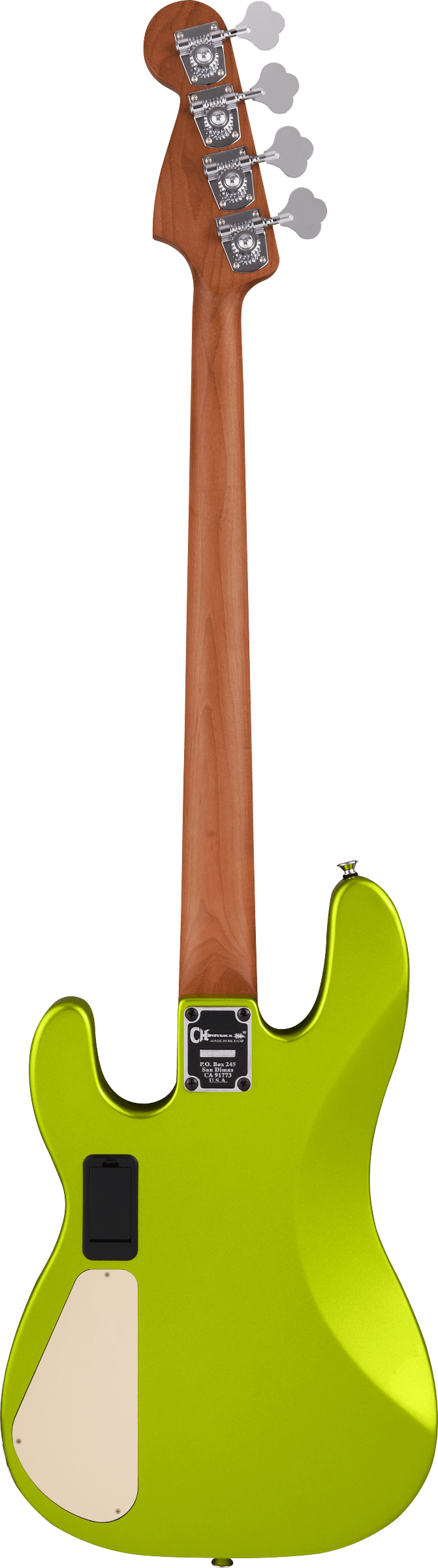 The image shows the back of a 4-string electric bass guitar with a glossy lime green body and natural wood neck. It features four chrome tuning machines with gear-shaped pegs, a vibrant body with classic cutaways, a chrome neck plate, and an access panel likely for electronics and a battery compartment, indicating an active preamp. The instrument has a modern, high-quality finish and eye-catching color.