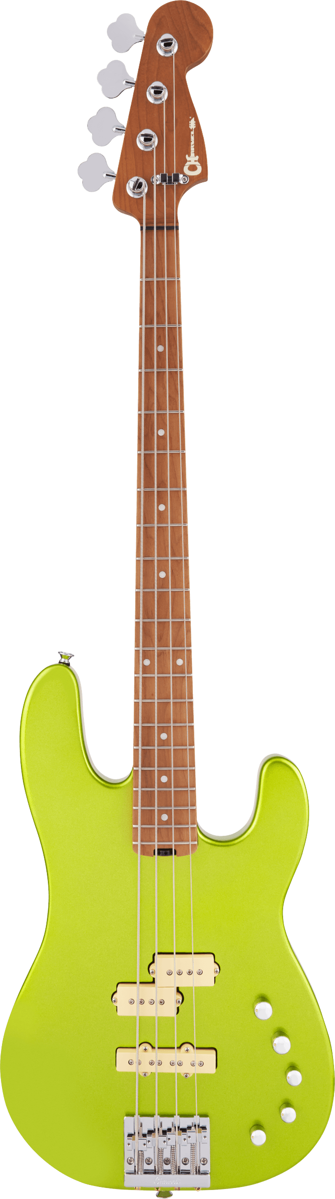 The image shows a 4-string electric bass guitar with a bright lime green/chartreuse offset body, white control knobs, and a matching pickguard. It has chrome hardware, four strings, and multiple single-coil pickups with cream-colored rings. The natural wood neck features a rosewood or pau ferro fretboard with dot markers, chrome tuning pegs, and a headstock with a partly visible logo. The design suits various musical styles and stands out visually.