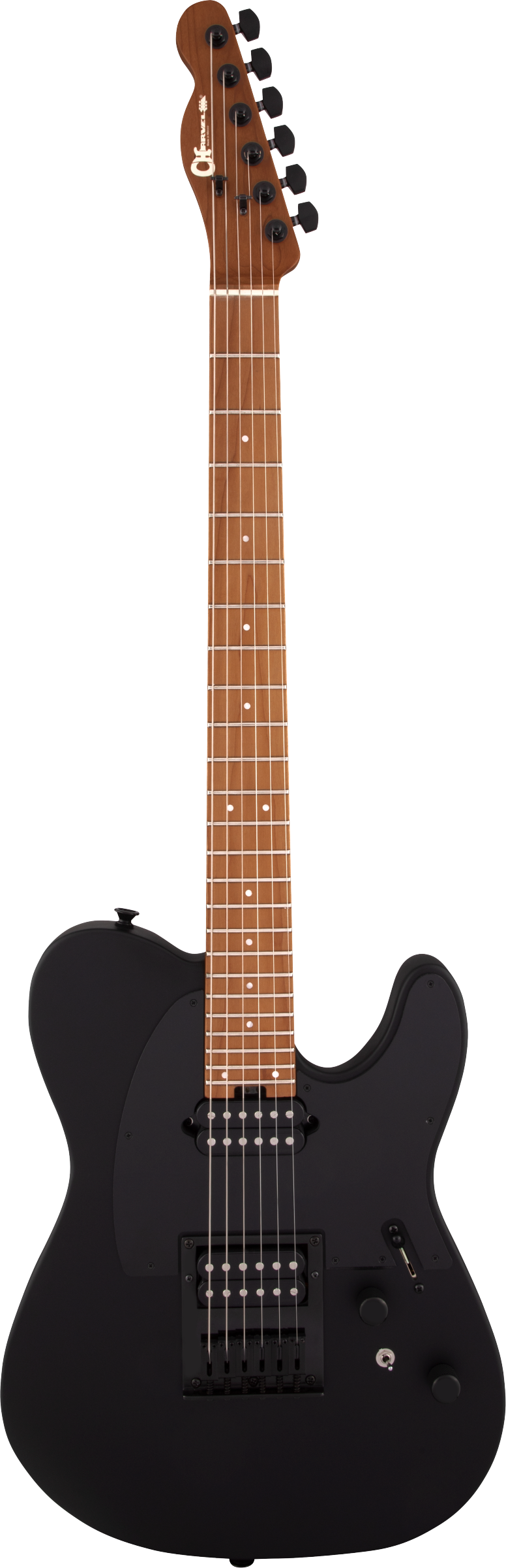 The image shows a classic-style electric guitar with a black matte single-cutaway body and two humbucker pickups. It features black hardware, volume and tone controls, and a black pickup selector. The natural wood neck and fingerboard have white dot inlays. The headstock matches the neck’s finish, has six black tuning pegs, and displays a brand logo. The guitar’s design suits various music styles with a sleek, professional look.