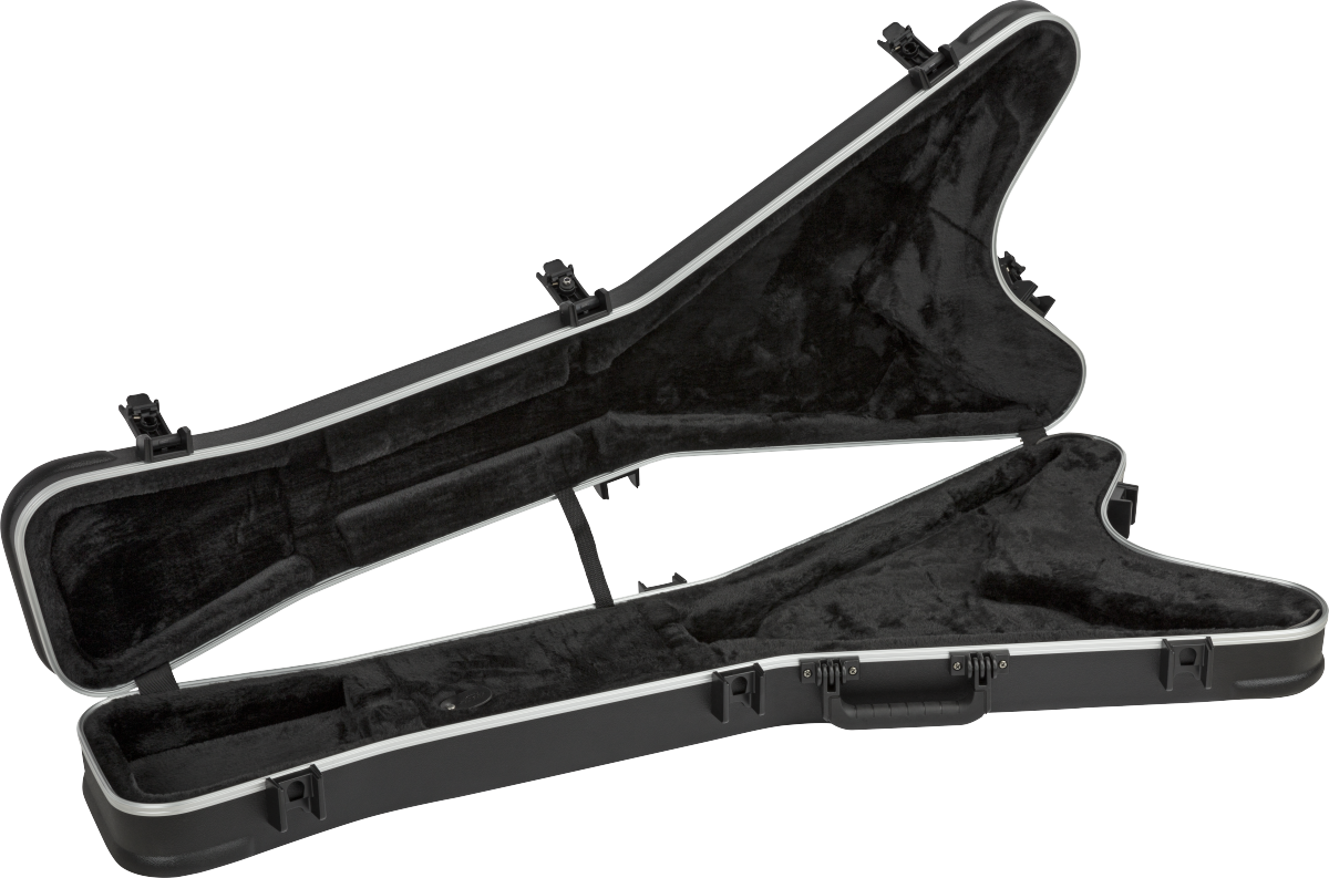The image shows a black hard shell guitar case with white binding, designed for an angular electric guitar like a Flying V or Explorer. It features a custom-molded black plush interior shaped to fit the guitar, multiple heavy-duty latches for secure closure, and is open to reveal fitted compartments. This professional-grade case offers maximum protection, ideal for safely transporting uniquely shaped electric guitars.