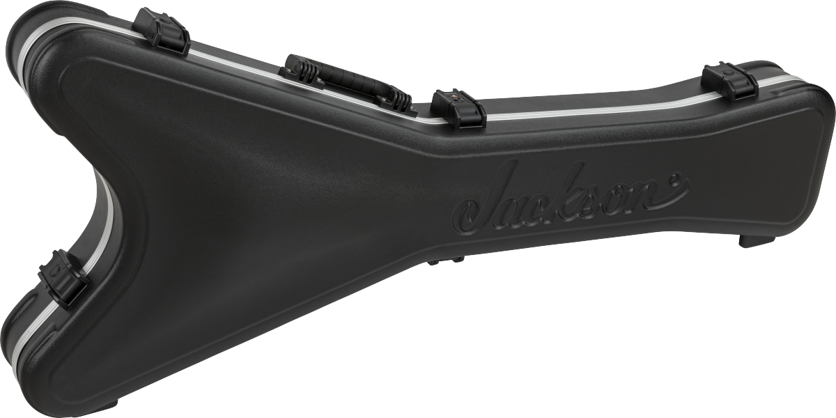 The image shows a black molded hard shell guitar case with the "Jackson" logo embossed on it. It features 3-4 secure latches and a contoured shape to fit electric guitars. Made from heavy-duty plastic or composite, this professional-grade case offers strong protection for transport and storage, primarily designed for Jackson guitars but may fit similar models.
