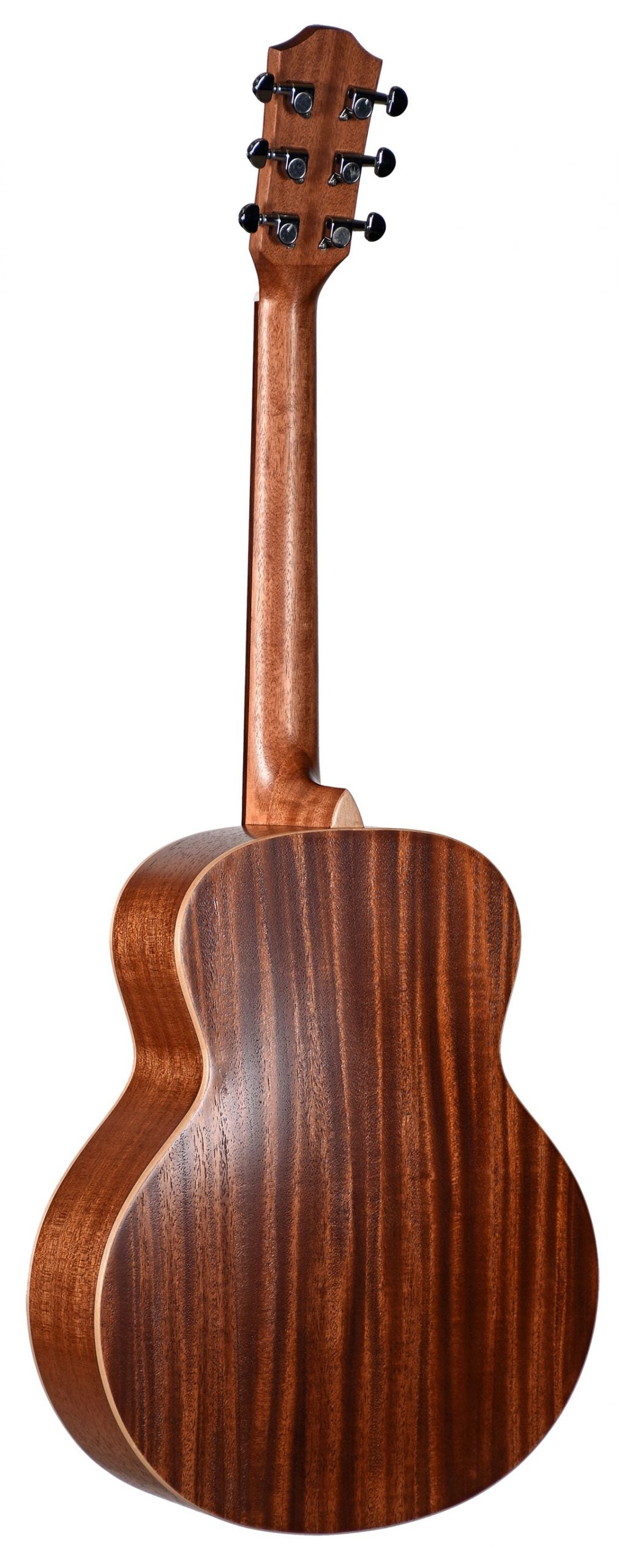 The image shows the back of an acoustic guitar with a rich, dark wood finish, likely mahogany. It features a classic body shape with a curved waist, six black tuning pegs in a 3+3 layout on the headstock, vertical wood grain, light-colored binding around the edges, and a glossy finish. This well-crafted steel-string guitar suits various styles like folk, country, and pop, indicating a mid to high-quality instrument.