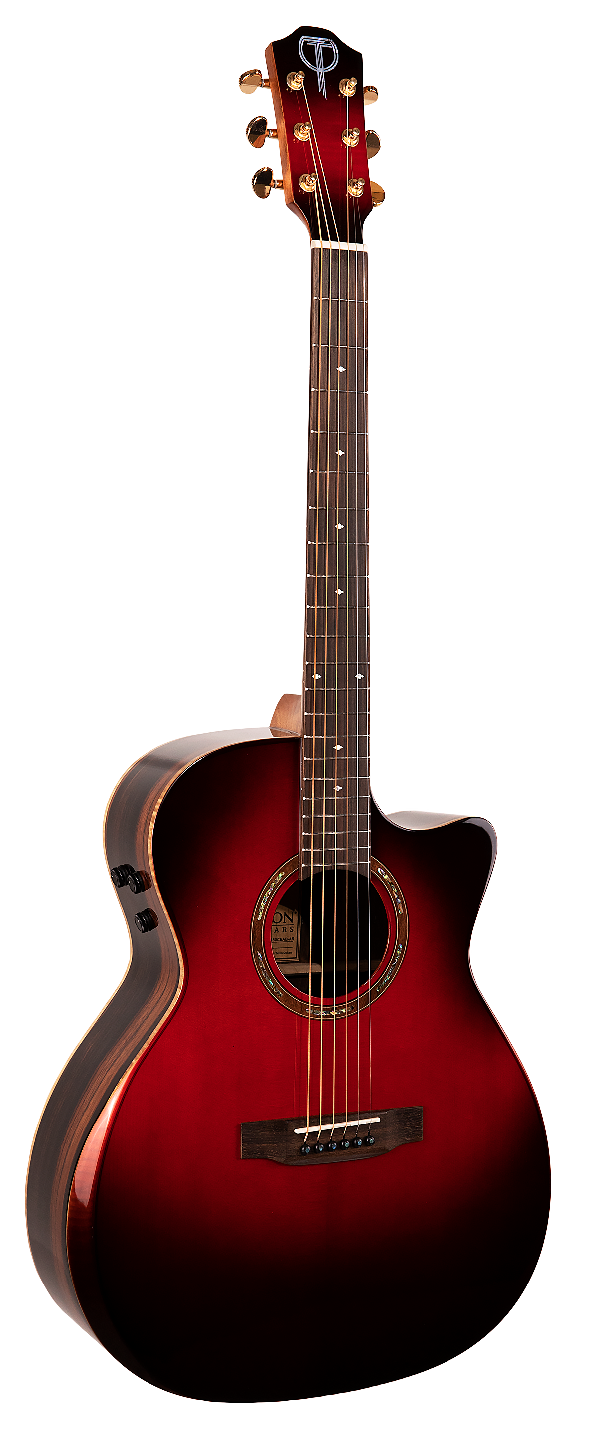 The image shows a cutaway acoustic-electric guitar with a red-to-black sunburst finish. It features gold tuning pegs, a dark headstock with a logo, a round sound hole with a decorative rosette, a dark fretboard with position markers, and control knobs on the upper bout. The dark bridge has a compensated saddle. This versatile guitar suits both acoustic and amplified playing.