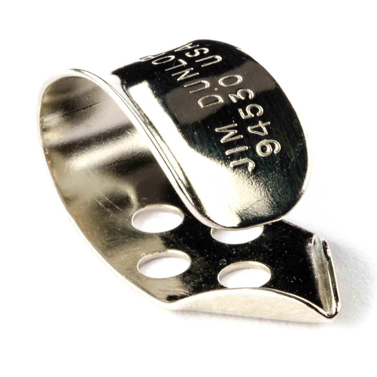 A close shot of a metal fingerpick on a white background