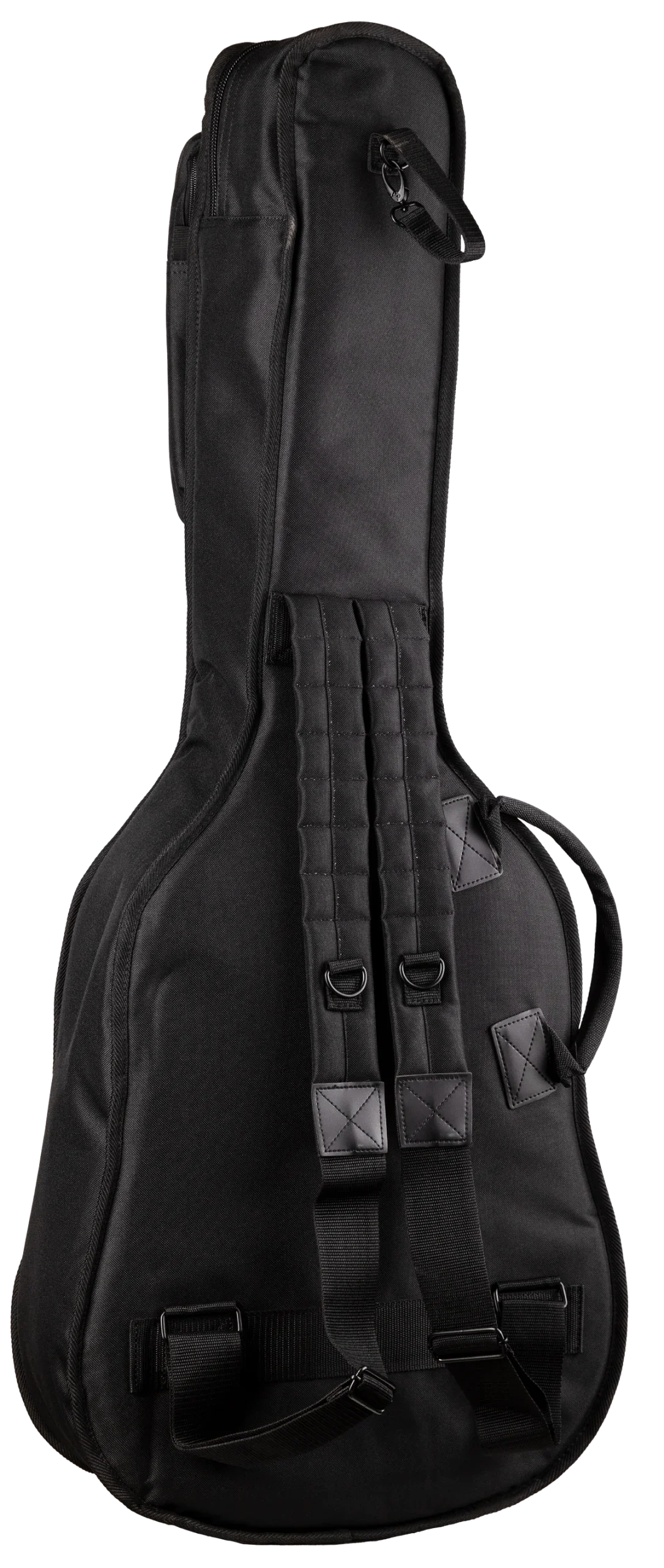 The image shows a black guitar gig bag designed for acoustic or electric guitars, featuring padded, quilted nylon fabric. It has backpack straps, side handles, multiple zippered compartments for accessories, reinforced areas, and D-rings for durability. This lightweight, protective soft case offers a professional look, ideal for musicians transporting their instruments to gigs, lessons, or recordings.