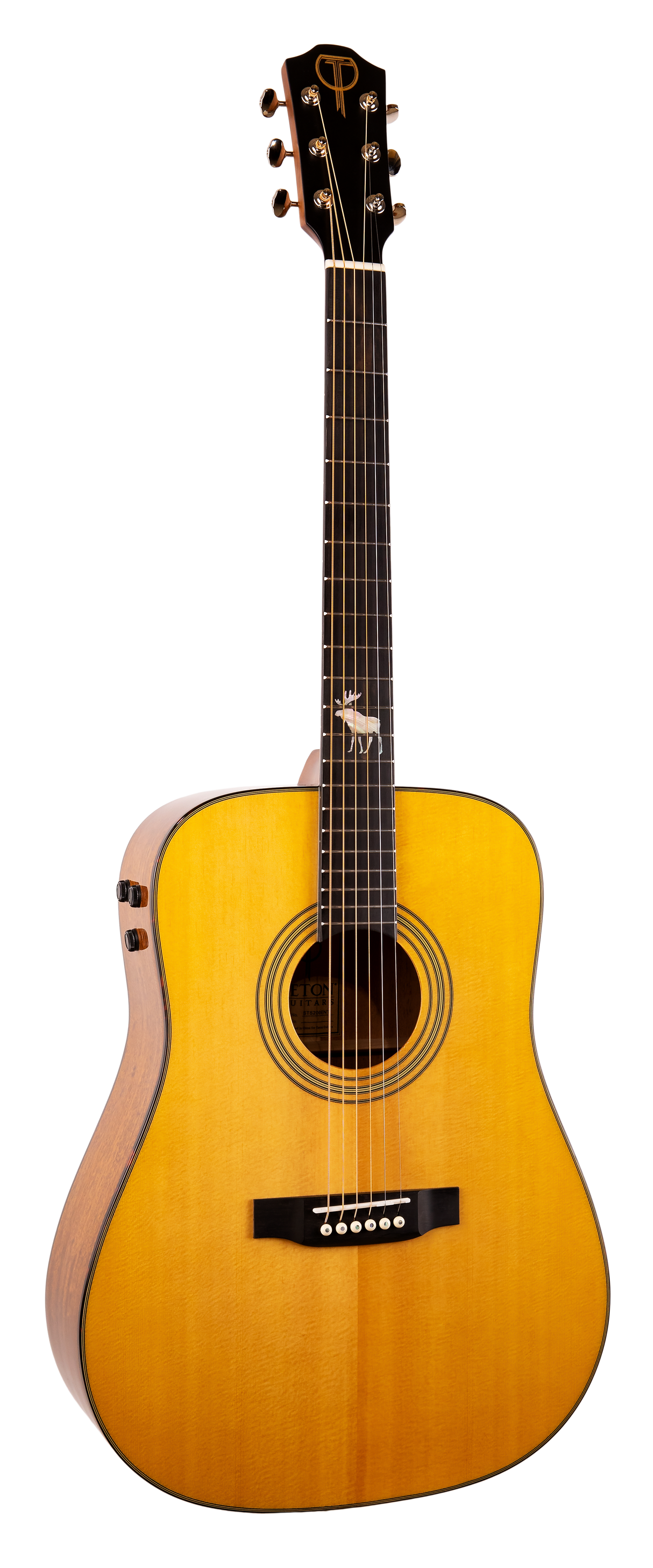 The image shows a full acoustic guitar with six strings, a natural wooden body, a dark fretboard, tuning pegs on the headstock, and an animal inlay resembling a moose or deer on the fretboard.