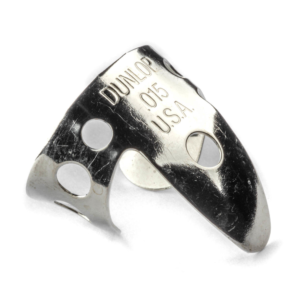 A Close shot of a metal fingerpick on a white background